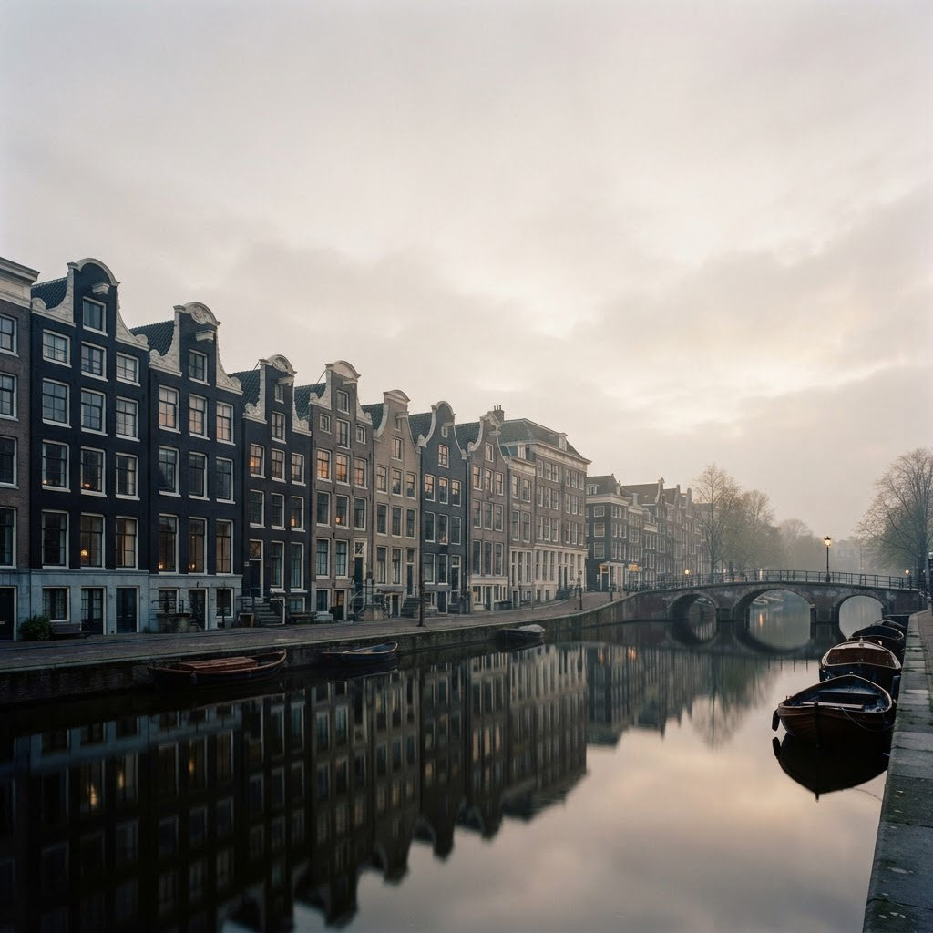 Classic Amsterdam canal-house architecture at golden hour